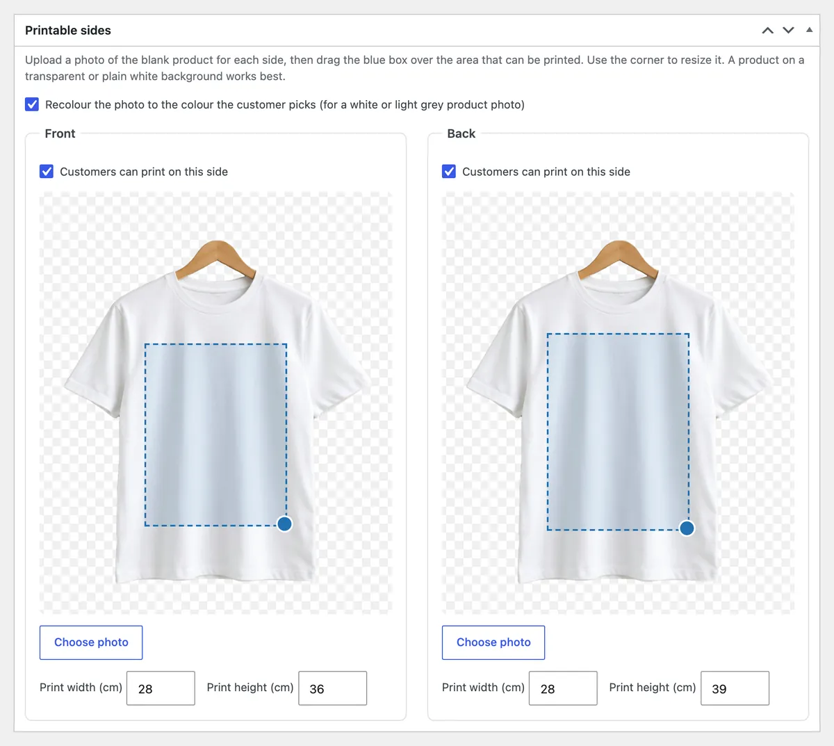 The Printable sides box: a t-shirt photo for Front and Back, each with a dashed print area, Choose photo, Print width (cm) and Print height (cm).