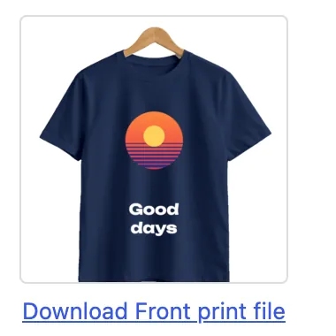 A WooCommerce order item with the design preview and a Download Front print file link.