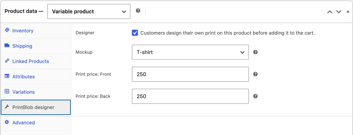 Product data with the PrintBlob designer tab: Designer, Mockup, Print price: Front and Print price: Back.