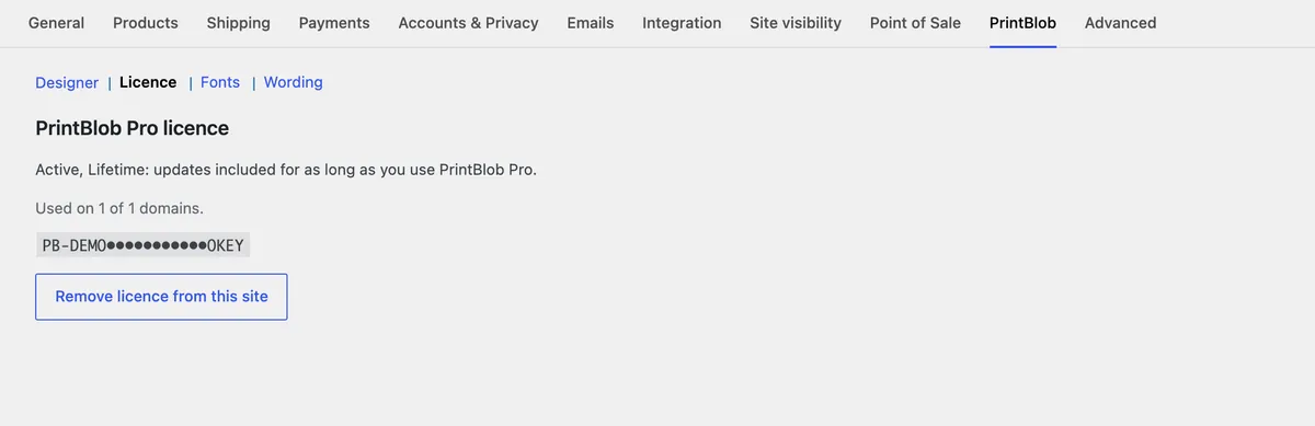 WooCommerce › Settings › PrintBlob › Licence: PrintBlob Pro licence, Active, Lifetime, used on 1 of 1 domains, the key partly hidden, and Remove licence from this site.
