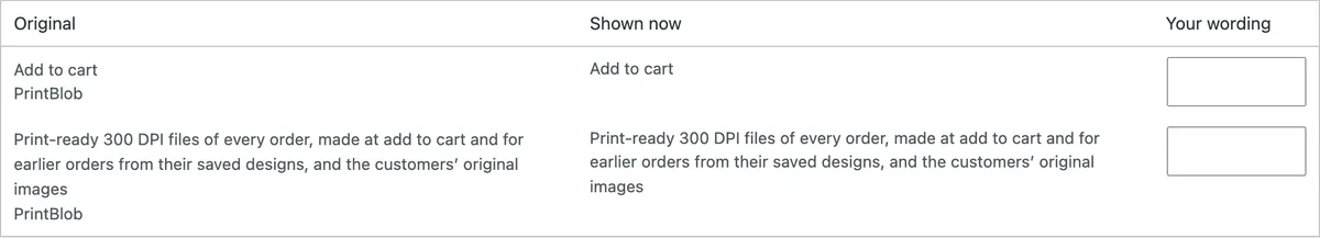 The Wording table searched for “Add to cart”: each text’s original, what the shop shows now, and a field for your wording.