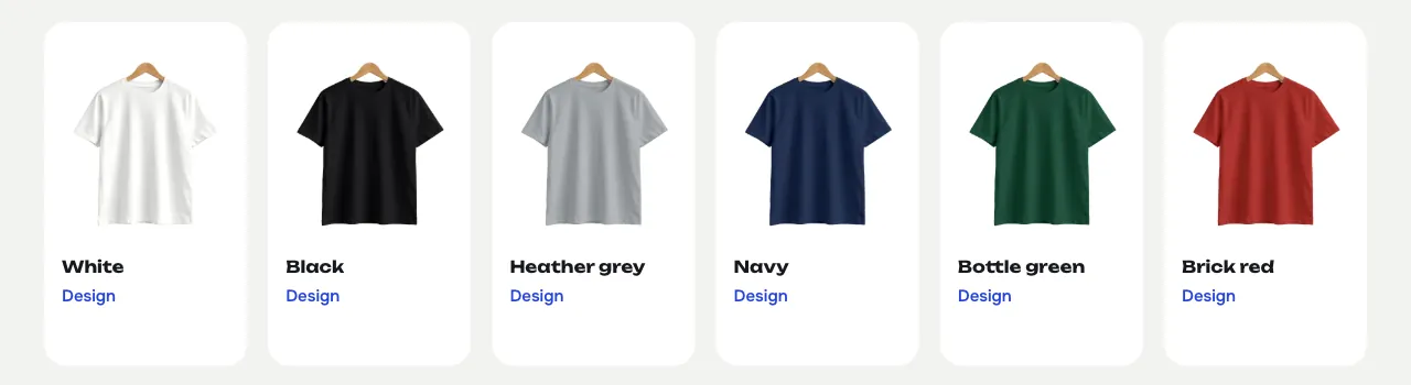 The Colours block on a shop page: six t-shirts, each with its name and a Design link.