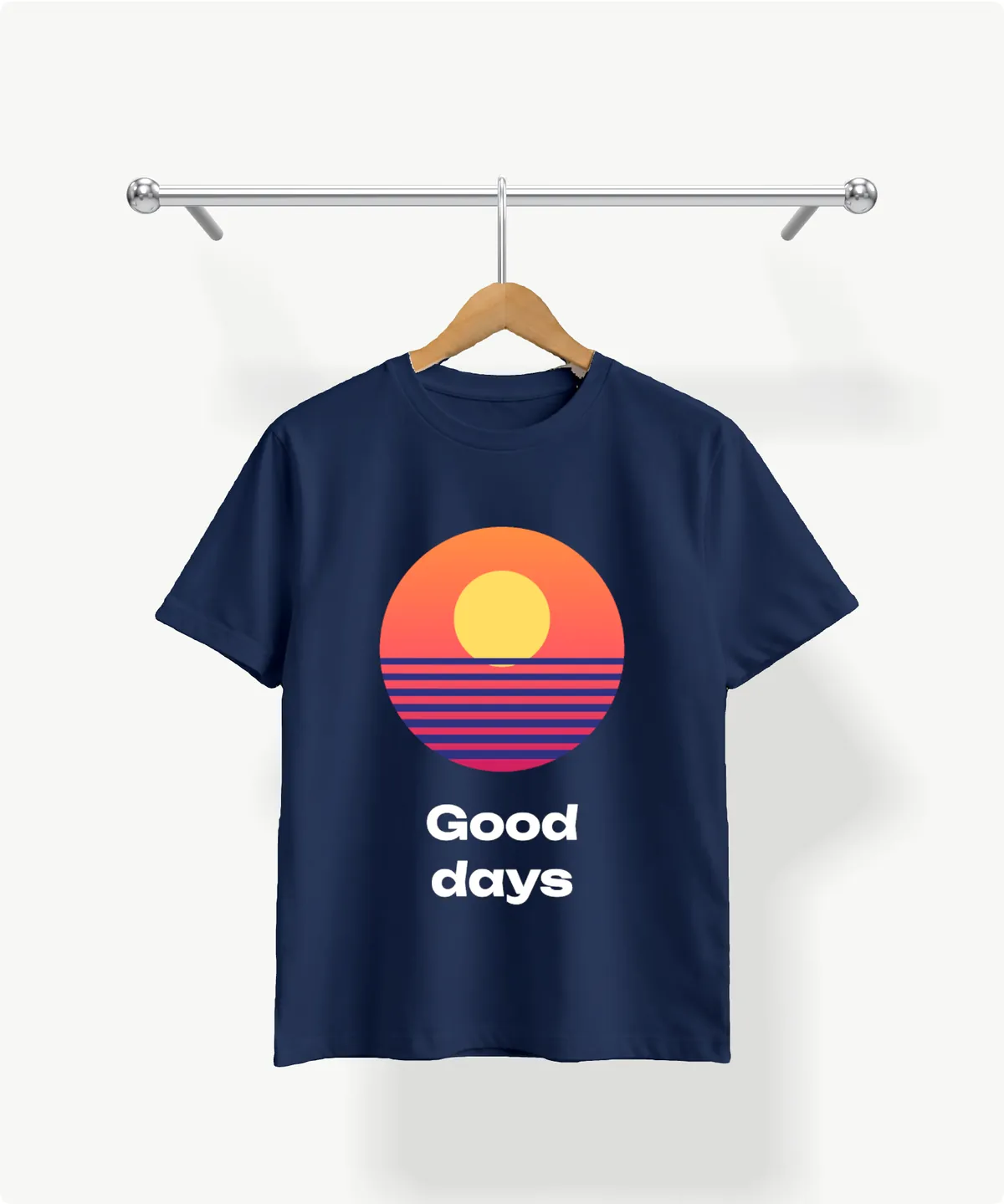 PrintBlob Pro’s 3D view: a navy t-shirt on its hanger with a sunset photo and “Good days” printed on the front.