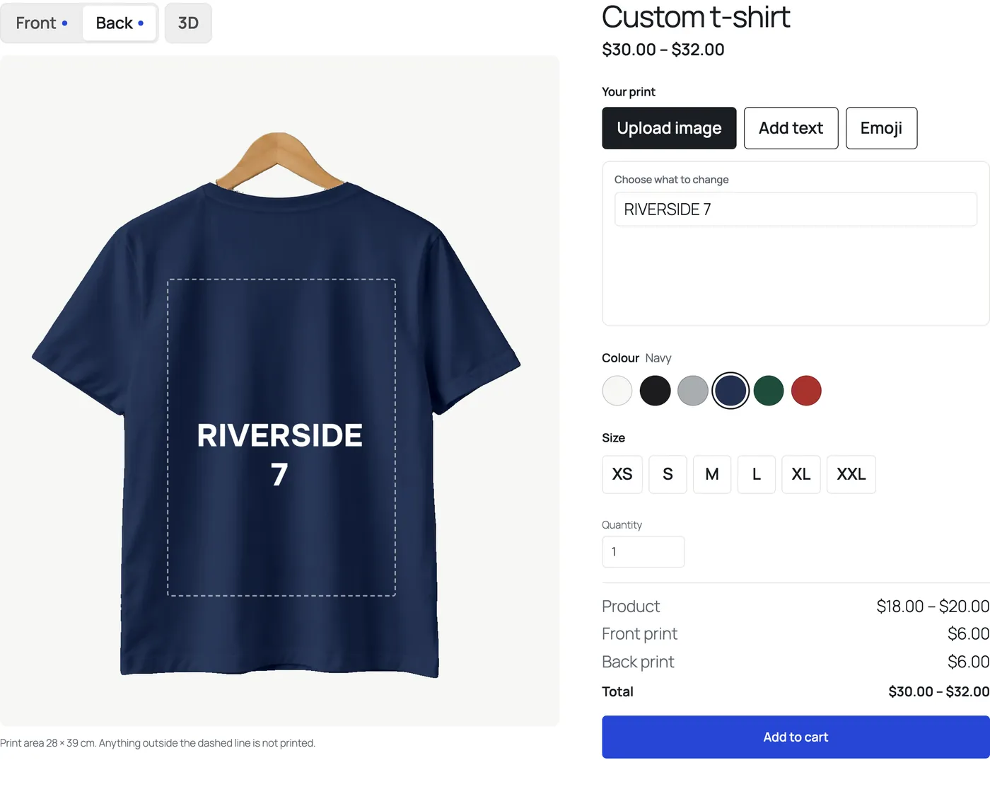 The designer on the back of a navy t-shirt: RIVERSIDE 7 in white in the back’s print area, Front and Back both marked as printed, and the price listing a front print and a back print.