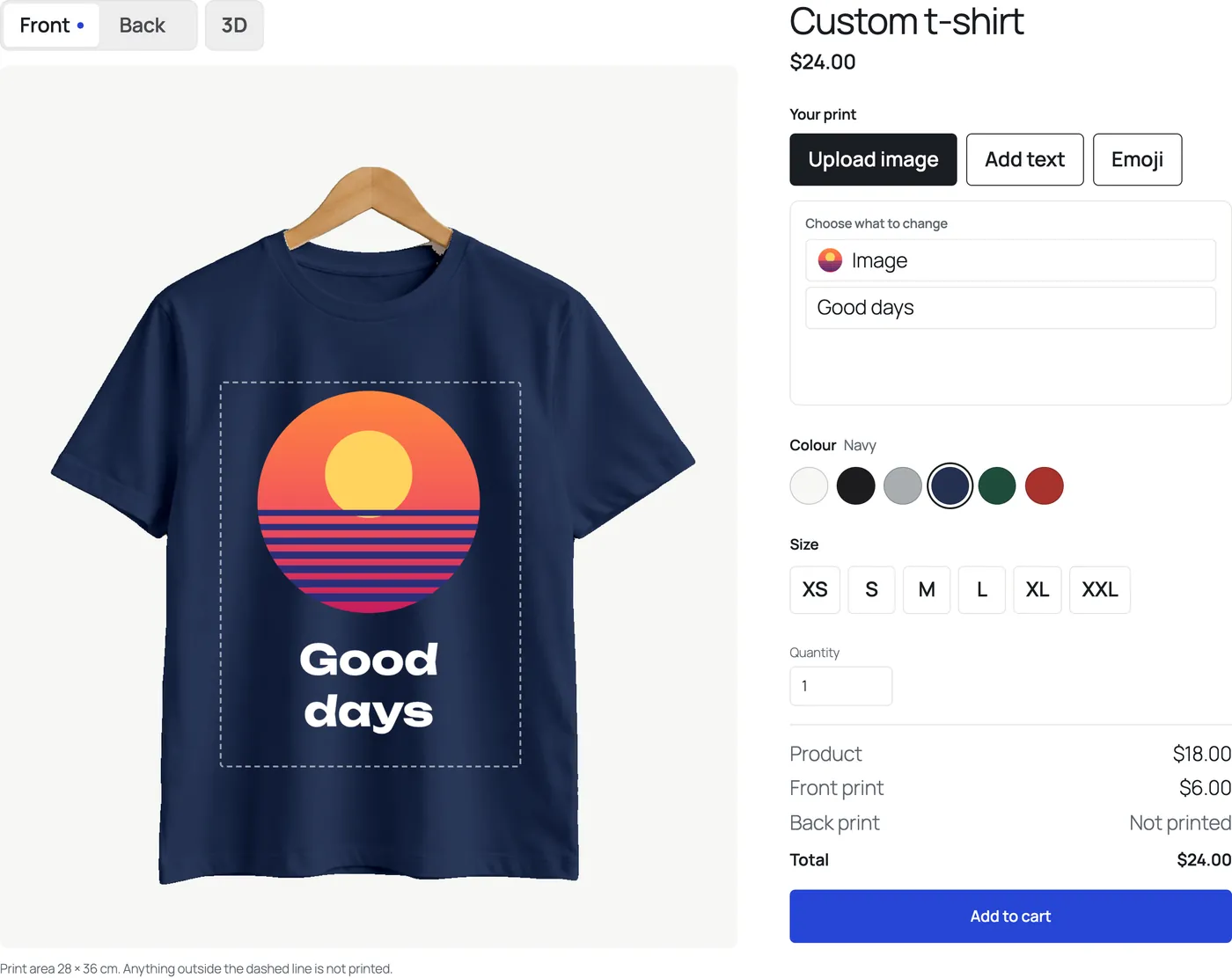 The same t-shirt in navy in the designer, with the design’s text switched to white ink.