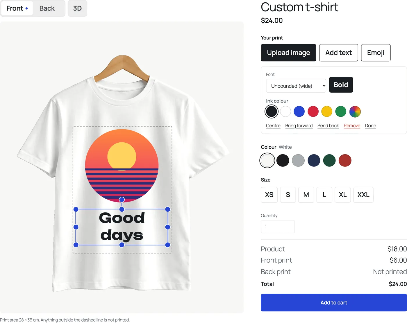 The PrintBlob designer: a t-shirt with a sunset photo and “Good days” on the front, the tools, colours, sizes and price beside it.
