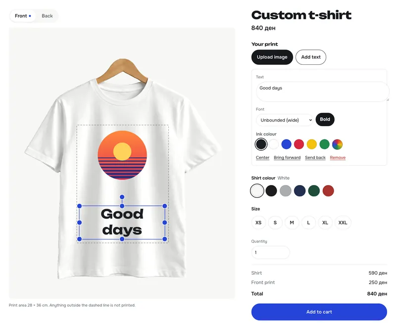 The PrintBlob designer: a t-shirt with a sunset print and the text Good days, with font, ink colour, shirt colour and size controls.
