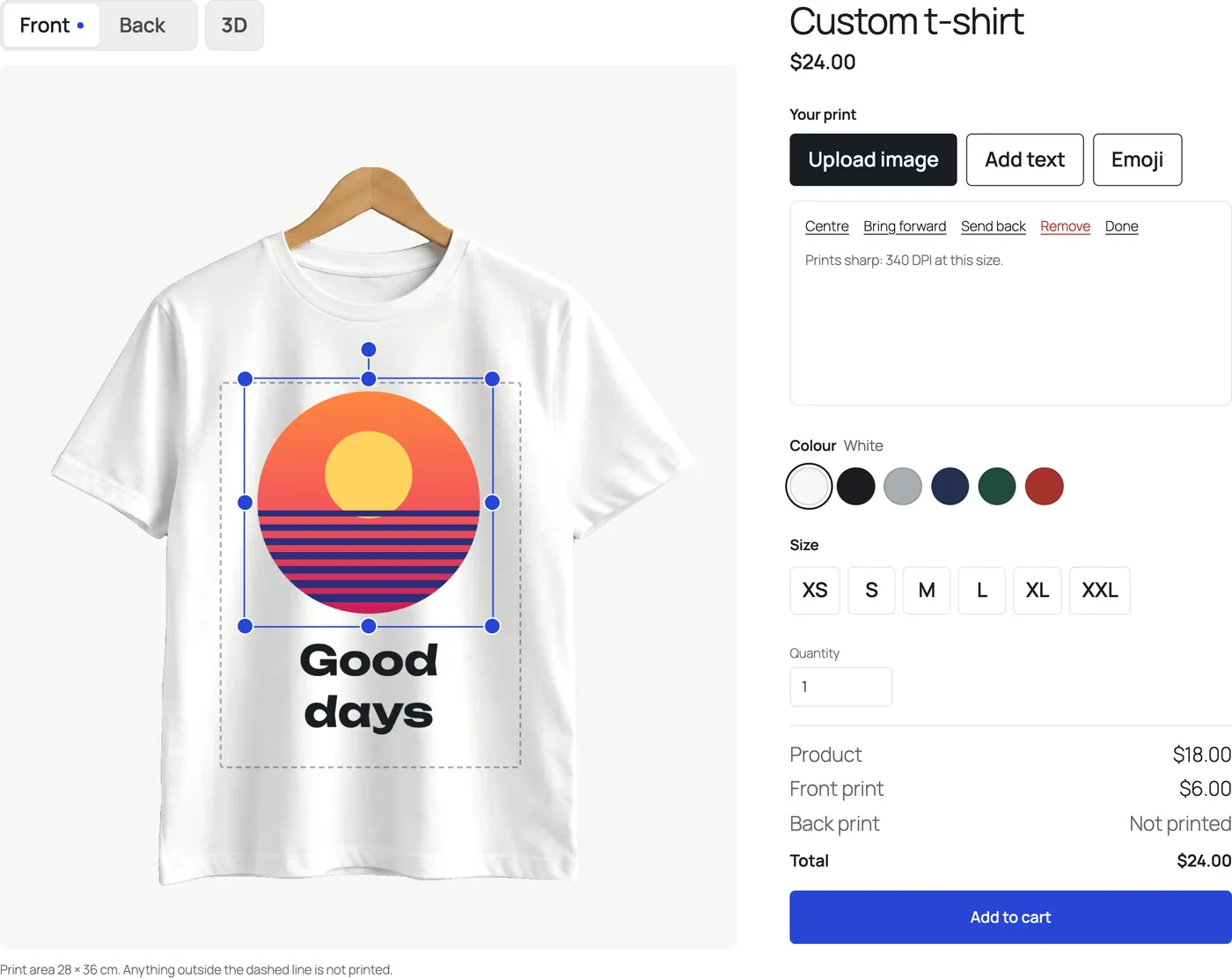 The designer with an image selected on the front of a t-shirt and the note “Prints sharp: 340 DPI at this size.” above the colour choices.