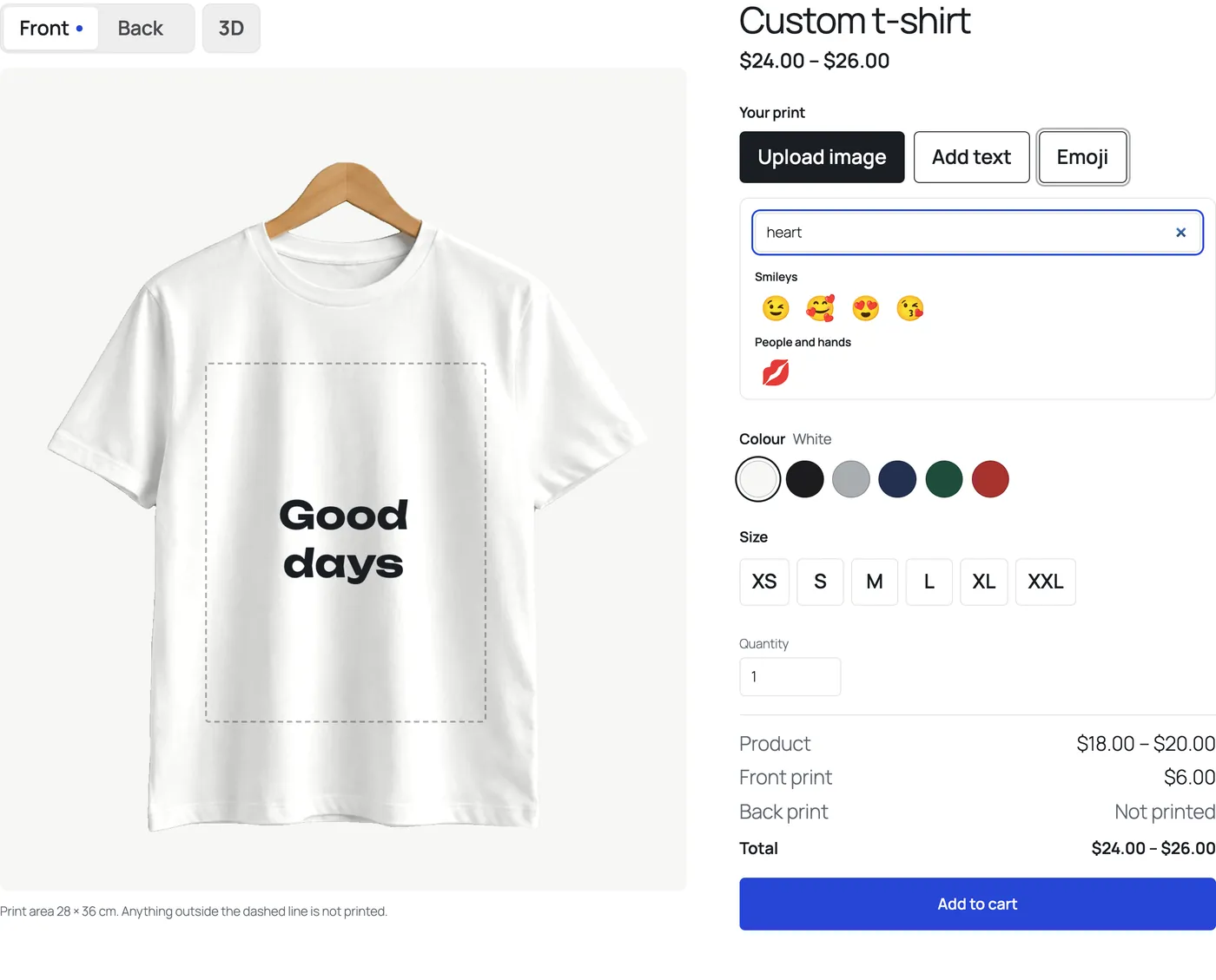 The designer with the Emoji tool open beside Upload image and Add text, “heart” typed in its search and the matching emoji in their groups.