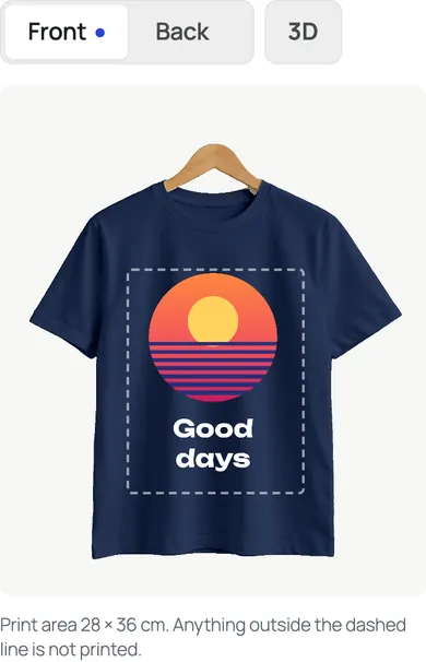 The designer on a phone: the t-shirt and its print area, with the tools under it.